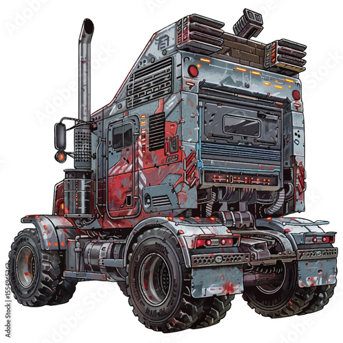 A PostApocalyptic Rusty and Bloody Cyberpunk SemiTruck