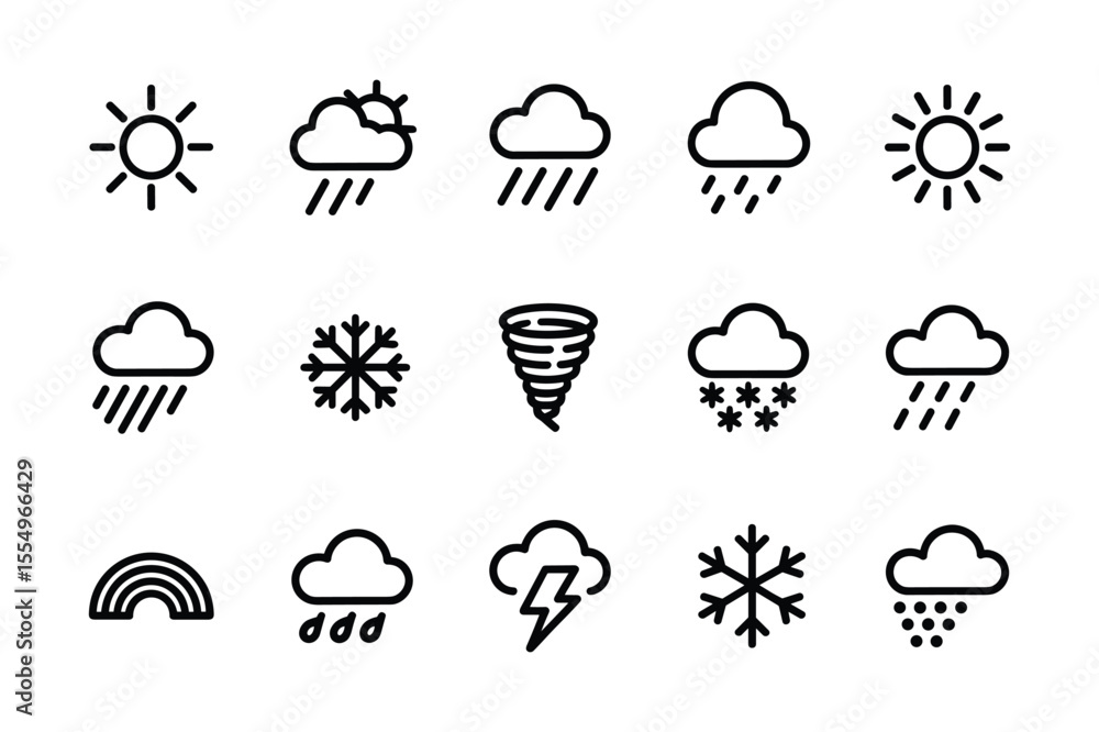 Black Outline Weather Icon Set Sun Rain Snow Cloud Lightning Tornado Rainbow icons Black Outline Weather Icon Set Sun Rain Snow Cloud Lightning Tornado Rainbow icons