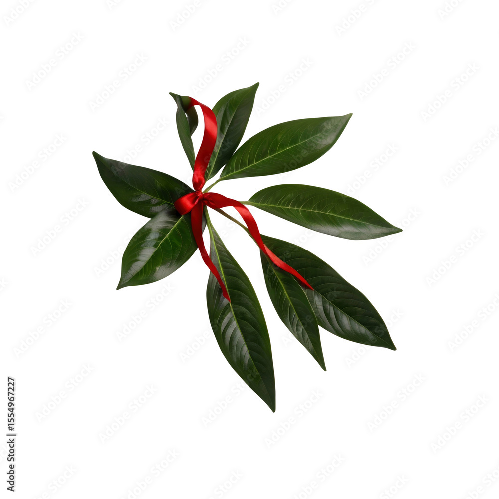 Fototapeta premium Elegant Green Leaves with Red Ribbon Bow - Festive Botanical Decor