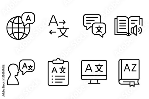Language translation and learning icons set featuring global communication, books, computers, and speech elements, vector illustration