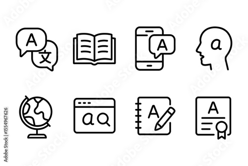 Language learning and translation icons set, global communication tools, vector illustration