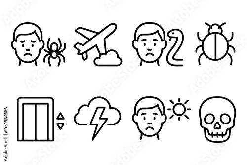 Phobia and fear icons: bugs, flight, heights, and weather risks, vector illustration