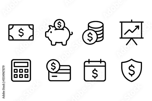 Personal finance icons set featuring money, savings, and budget concepts, vector illustration