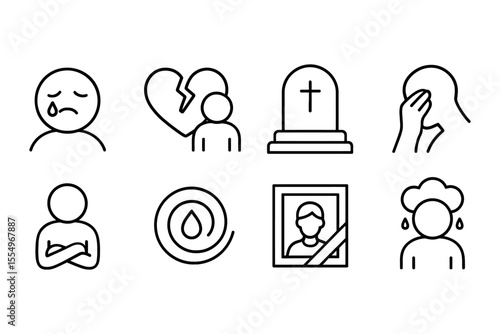 Grieving process icon set depicting sadness and bereavement, vector illustration