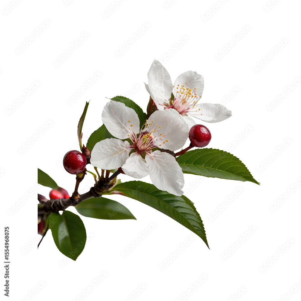 Naklejka premium Delicate White Blossoms and Red Berries on a Branch