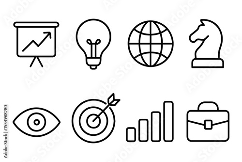 Business strategy and innovation icons set featuring chart, light bulb, globe, chess knight, eye, target, graph, briefcase, vector illustration