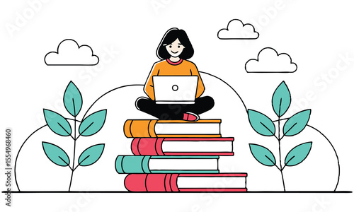 A smiling woman sits cross legged on a stack of colorful books using a laptop with stylized plants and clouds in the background representing learning and technology