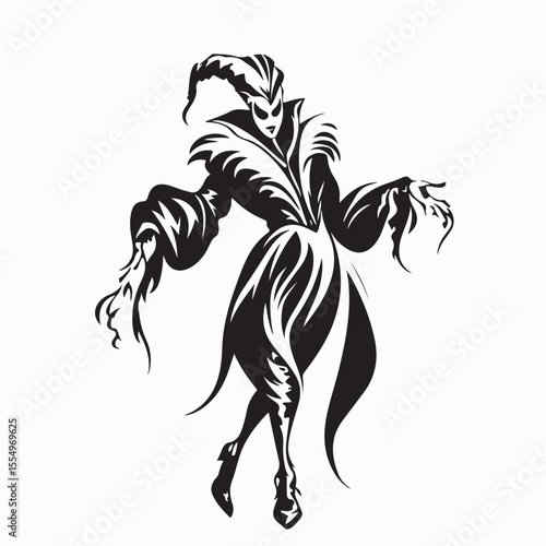 Man wearing Venice Carnival Jester Costume Silhouette vector isolated on white background.
