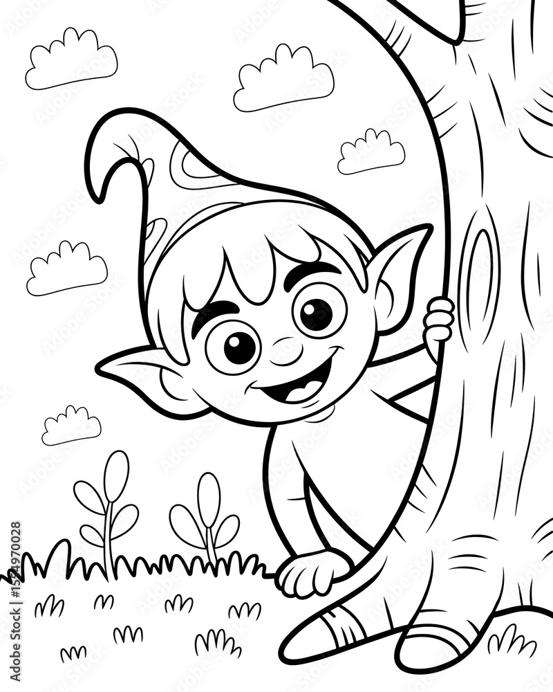 Obraz premium Mischievous elf peeking from behind a tree with clouds and plants creature fantasy