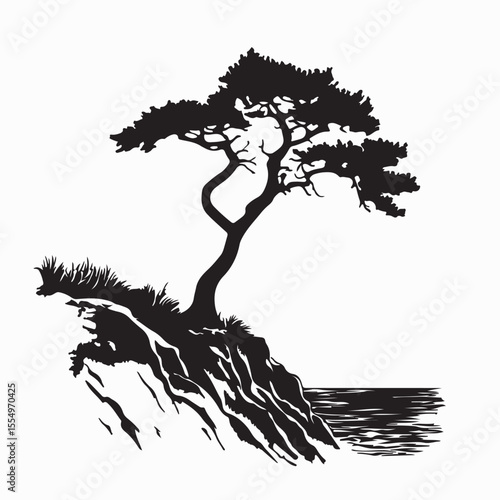 Lone Pine Tree Standing on a Cliff Edge Overlooking a Deep Gorge Silhouette