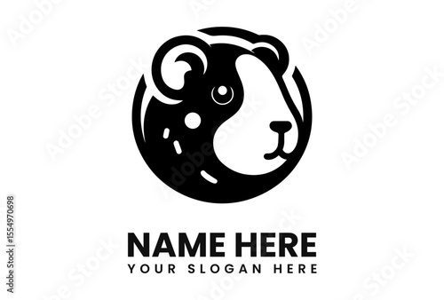 A black and white logo featuring a stylized guinea pig head within a circle.