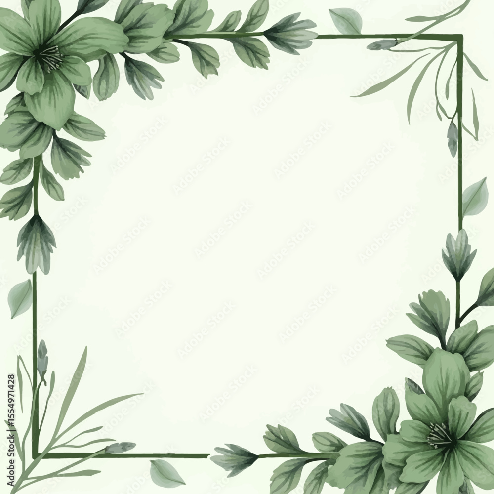 Naklejka premium Elegant, muted green floral frame on a pale background.