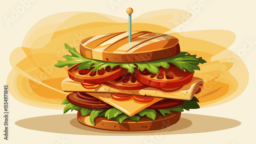 Grilled chicken breast, crispy bacon, lettuce, tomato, and a slice of cheddar stacked inside three layers of toasted white bread. A wooden skewer holds it all together. The textures—crunchy, soft, 
