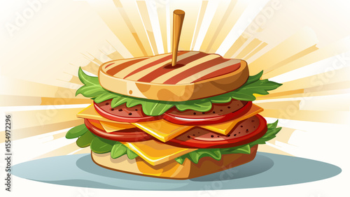Grilled chicken breast, crispy bacon, lettuce, tomato, and a slice of cheddar stacked inside three layers of toasted white bread. A wooden skewer holds it all together. The textures—crunchy, soft, 