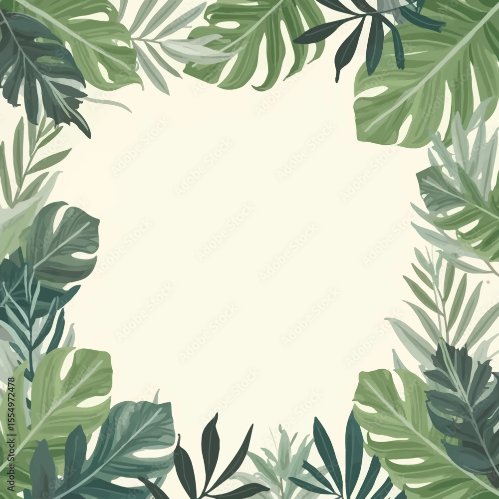Fototapeta premium Tropical foliage frame with various leaf types on a light background.