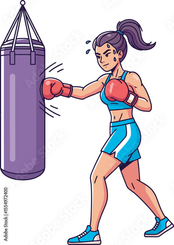 Determined Female Boxer Training with Punching Bag Fitness, Strength, and Workout Illustration