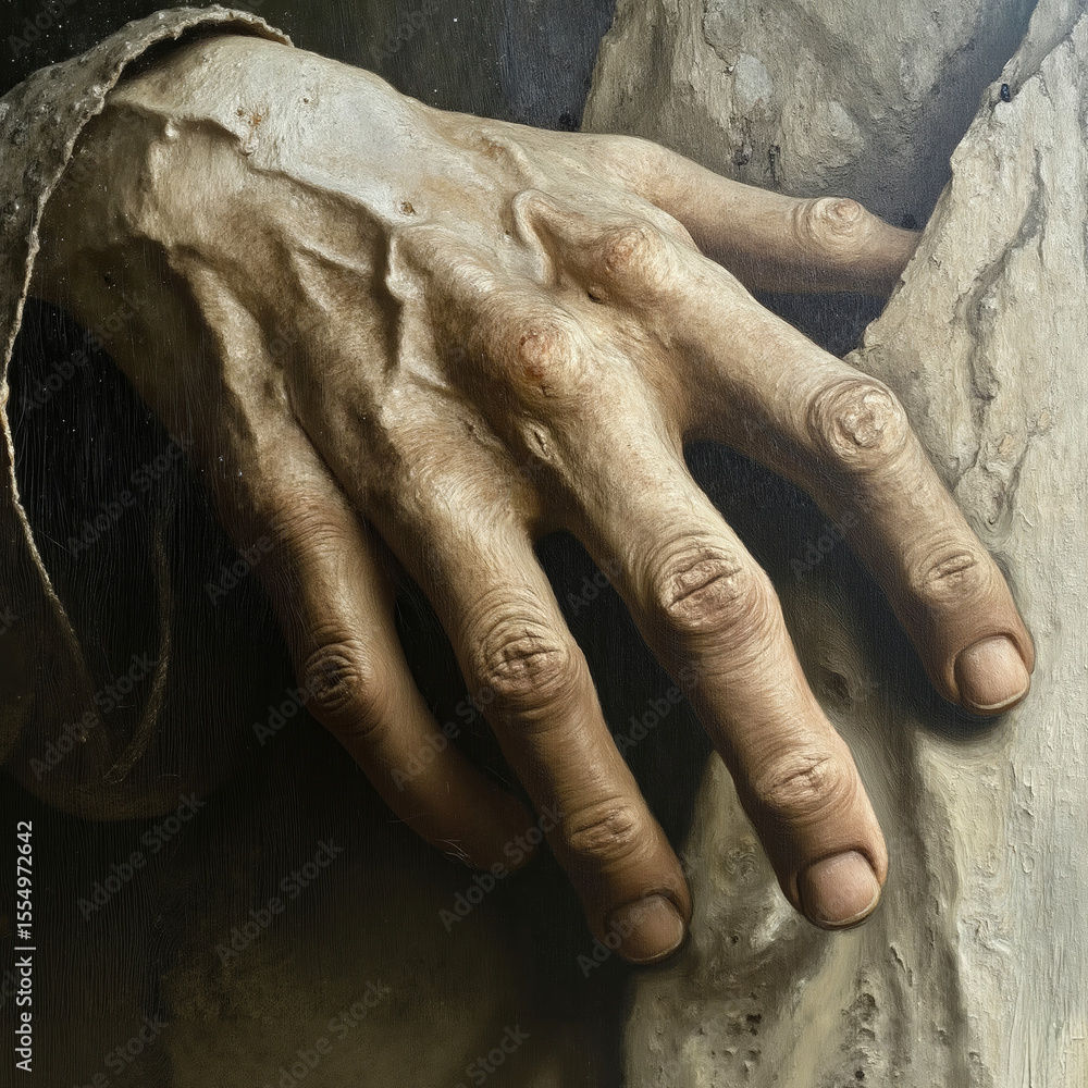 Fototapeta premium A painting of a hand reaching out of a hole in a wall