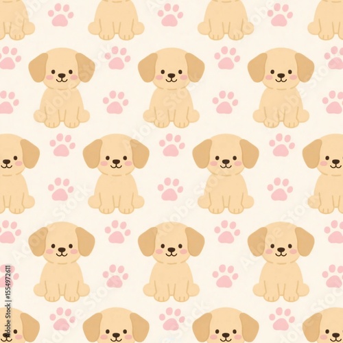 Seamless pattern of cute cartoon puppies with pink paw prints on light background