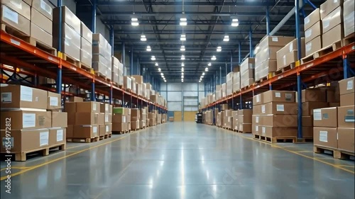 Industrial warehouse space with multiple shelving rows stocked with cardboard boxes, brightly lit by overhead fluorescent fixtures.