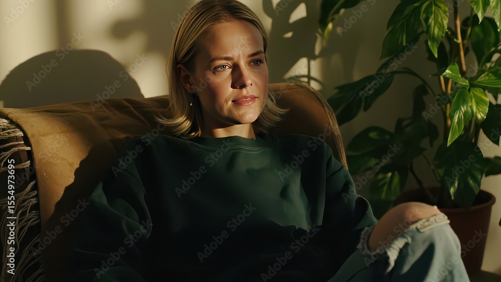 Obraz premium Woman in Green Sweater - Portrait with Plant. A portrait of a blonde woman wearing a dark green sweater. She is looking to the side with a thoughtful expression. 