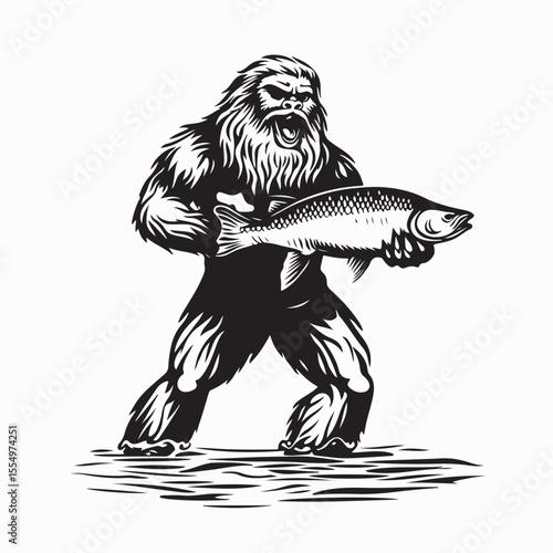Sasquatch Holding a Fresh Salmon in a River After a Successful Catch Vector