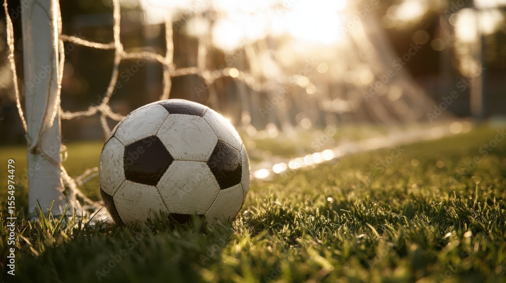 Fototapeta premium Soccer ball leaning against a white goalpost on a sunny afternoon, close-up capturing grass texture