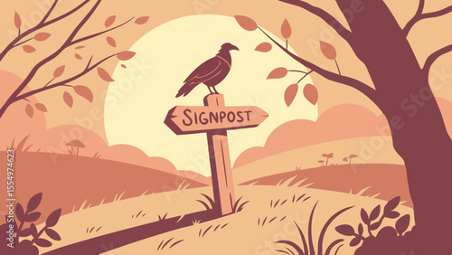 Illustration of a crow perched on a signpost in a landscape with trees and a setting sun in the background