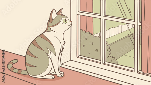 A striped cat sitting on a windowsill looking out of a window at the outside greenery scene view