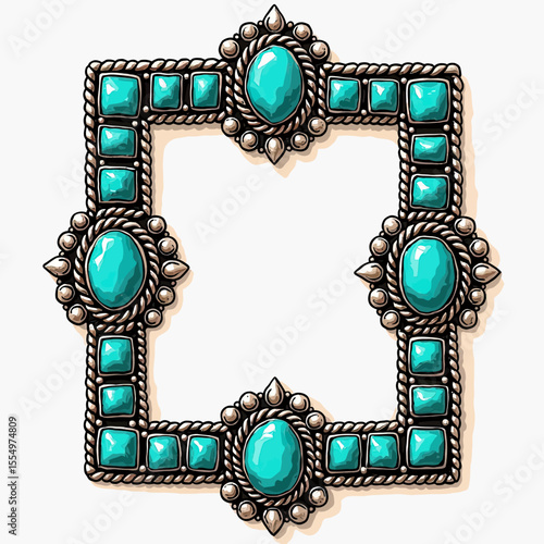 A rustic square frame illustration in a Southwestern style, featuring vibrant turquoise stones set in ornate, antique silver for a bold, vintage-inspired design.
