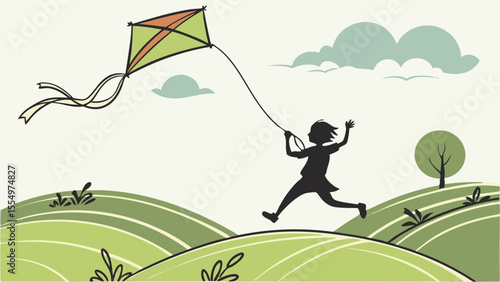 A girl silhouette running and flying a green and orange kite in a green field with clouds above her