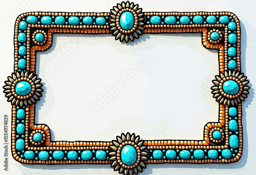 A vibrant, rectangular Southwestern-style frame decorated with turquoise cabochons, orange beads, and floral motifs, perfect for a bold, ethnic-inspired design.
