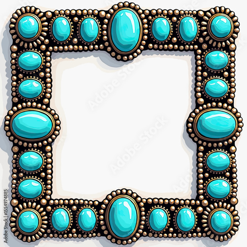 A luxurious square frame adorned with vibrant turquoise gemstones and gold beads, perfect for elegant photo displays or as a rich, decorative border design element.
