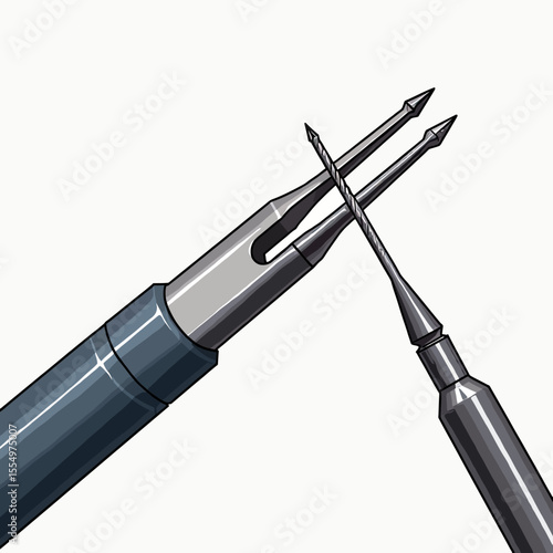 An illustration of two crossed metallic precision tools, like drill bits or styluses, symbolizing collaboration, engineering, or a creative workshop concept.

