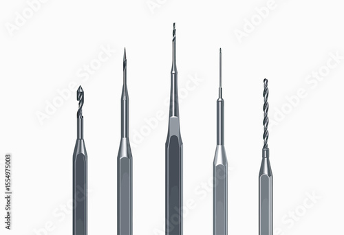 A professional set of five sleek, silver precision drill bits or dental burs, neatly arranged to represent medical, dental, or manufacturing technology.
