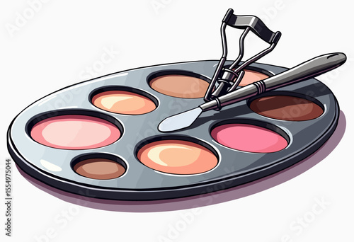A charming illustration of a cosmetic makeup palette with neutral shades, an eyelash curler, and a spatula, perfect for beauty, fashion, and salon themes.

