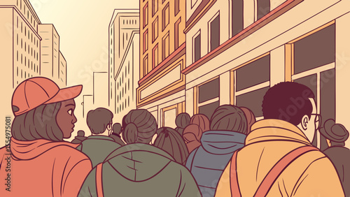 People walking on a city street with tall buildings and storefronts in an illustration style image format