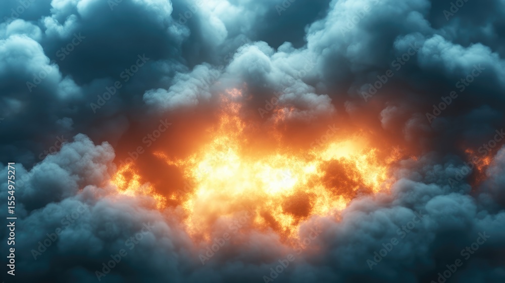 Fototapeta premium A dramatic close-up view of a fiery explosion amidst a thick cloud of smoke