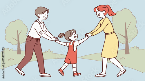 A family of three walking together in a park with trees and a blue sky holding hands and smiling happily