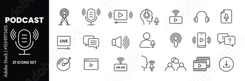 Set of podcast line icon collection. Containing microphone, radio, webcast, broadcasting, audio book symbol.