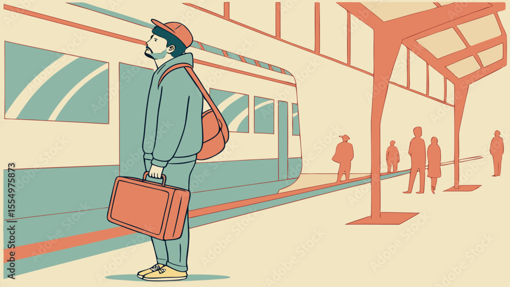 Fototapeta premium Man with suitcase and bag waiting at train station platform with other passengers and train visible