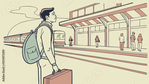 A man with a backpack and suitcase waiting at a train station with other people and a train in the distance