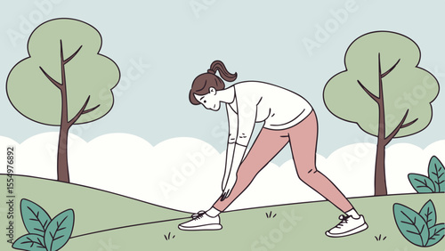 Woman stretching leg in park with trees and bushes in a light color palette illustration style