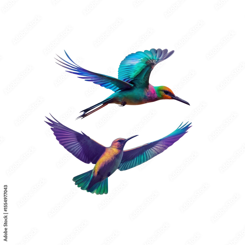 Obraz premium Two Vibrant Rainbow Birds in Flight Against Transparent Background