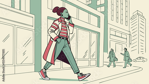 Woman in striped shirt and coat walking on city street while talking on her phone on a sunny day scene