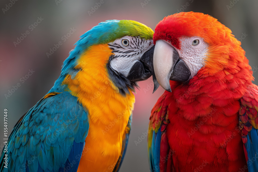 Fototapeta premium Close-up of two colorful parrots facing each other affectionately, soft-focus background