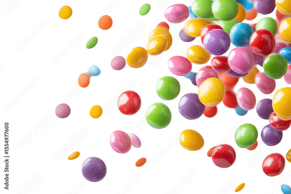 Colorful candies cascade down against a pure white background creating a vibrant and joyful atmosphere in celebration of sweets Colorful candies cascade down against a pure white background creating a vibrant and joyful atmosphere in celebration of sweets