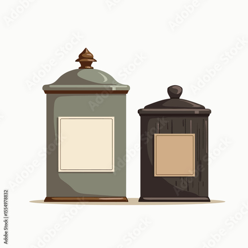 A pair of minimalist vintage-style canisters with blank labels, illustrated in muted tones for a classic apothecary or pantry storage design element.
