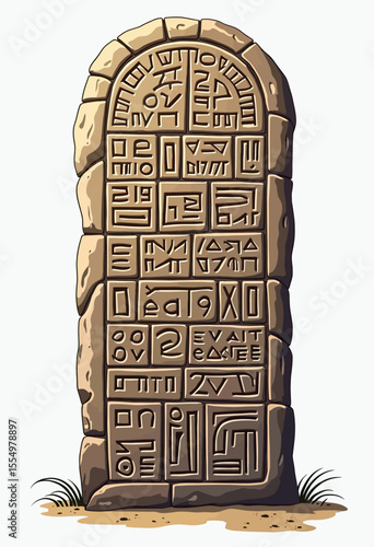 An ancient stone stele or monument, intricately carved with mysterious hieroglyphs and symbols, suggesting a lost civilization or fantasy lore.
