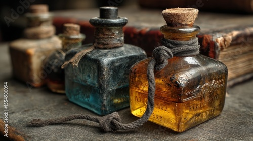 Vintage glass perfume bottles with aged labels on rustic background for apothecary antique product photography layout