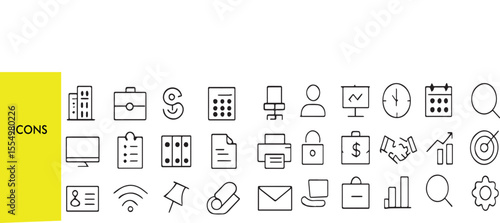 Office Web Icons Set - Workplace, Business Communication & Company Thin Line Vector Collection